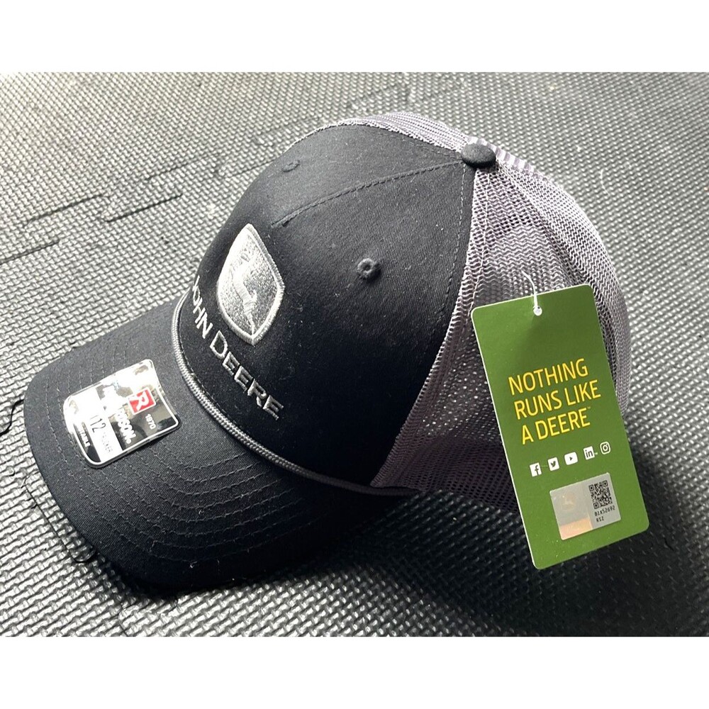 John Deere Original Equipment Cloth/Mesh Trucker Hat Black Grey Adjustable